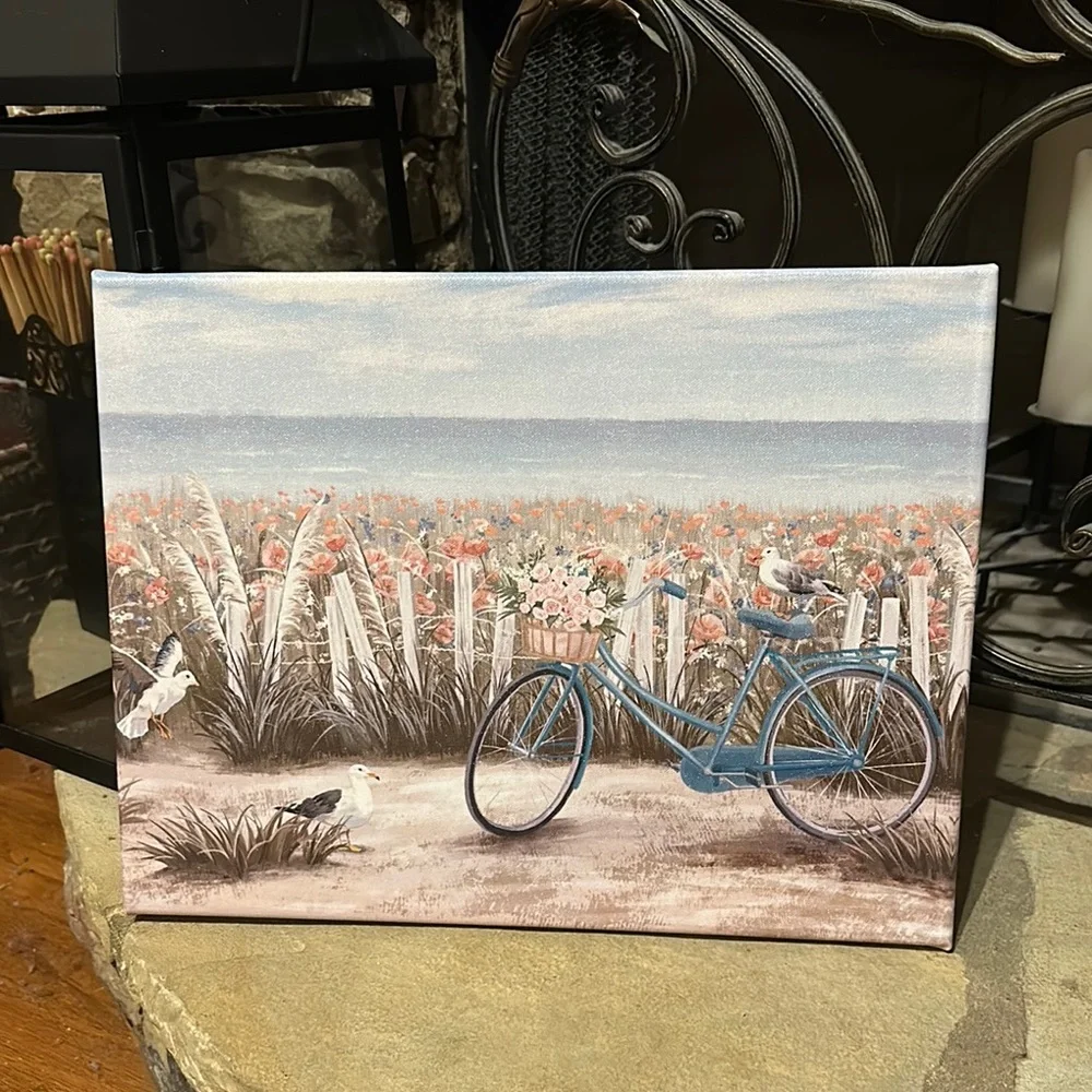 New Wrapped Canvas Scenic Beach Bicycle Canvas Art with Flowers - Picture 1 of 7